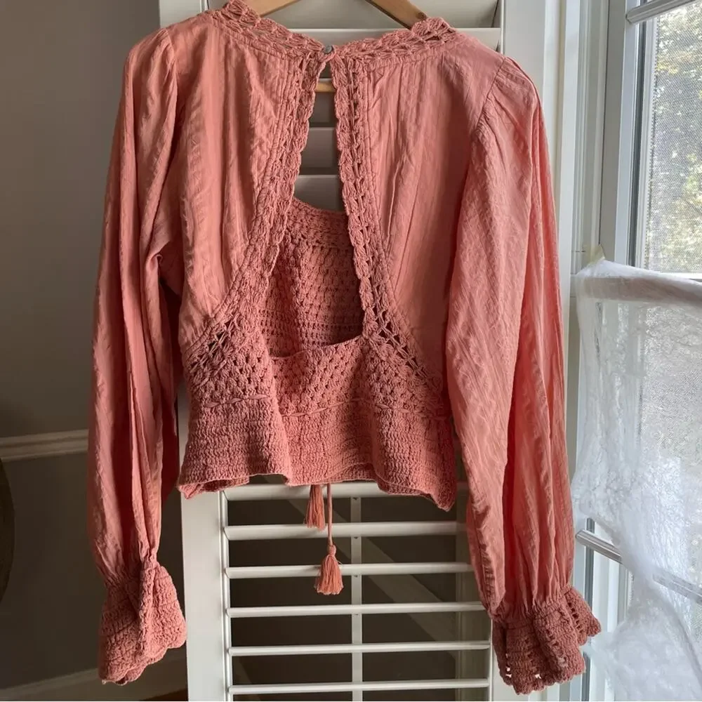 Free People Open Back Crochet Boho Top Dusty Rose Large NWT